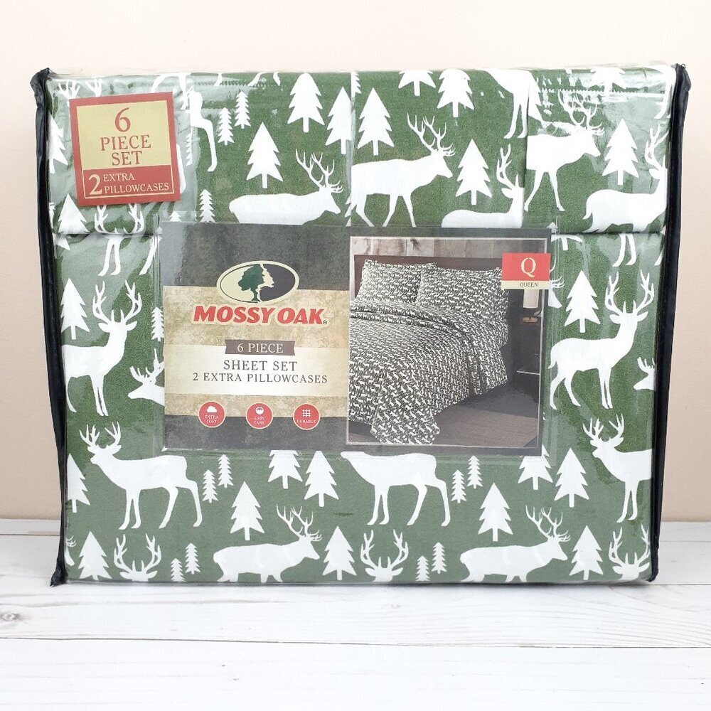 Mossy Oak Queen Size Sheets 6 Piece Set Green White Deer